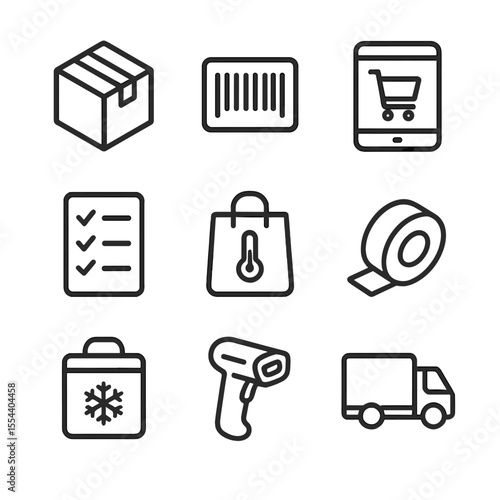 Online Order Icons. Outline icon set of Online Order Fulfillment: packing box, barcode label, order tablet, pick list, delivery
