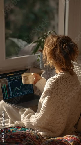 Person enjoying coffee while analyzing market trends on laptop in cozy indoor setting.