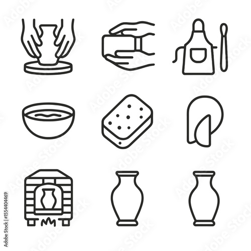 Pottery Icon Set. Outline icon set of hands sculpting clay: pottery wheel, clay block, sculpting tool, water bowl, modeling sponge