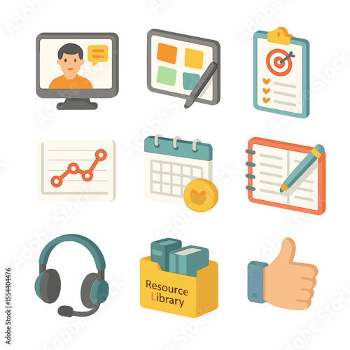 Online Mentoring Icons. Isometric Flat icon set of online mentoring and coaching: mentor avatar on video call, digital whiteboard,