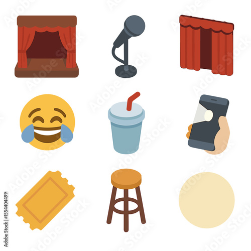 Comedy Show Icons. Isometric Flat icon set of stand-up comedy show audience in the dark: comedy stage, microphone on stand, red