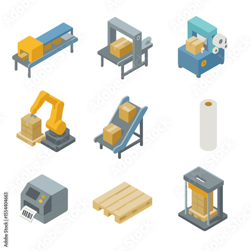 Packaging Line Icons. Isometric Flat icon set of packaging and palletizing lines: packing machine, shrink wrap dispenser, labeling