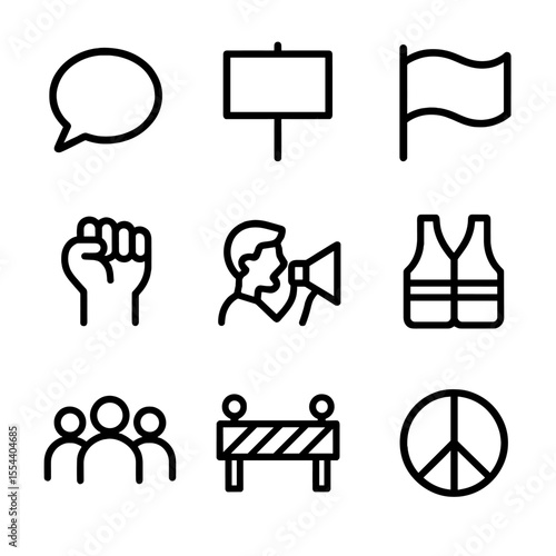 Protest Icon Set. Outline icon set of protest march cheering: chant bubble, banner pole, solidarity flag, raised fist, megaphone