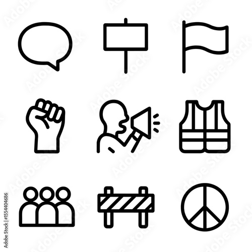 Protest Icon Set. Outline icon set of protest march cheering: chant bubble, banner pole, solidarity flag, raised fist, megaphone