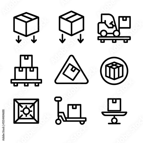 Packaging Icons Grid. Outline icon set of CG in packaging and shipping: package box, weight distribution arrows, forklift on