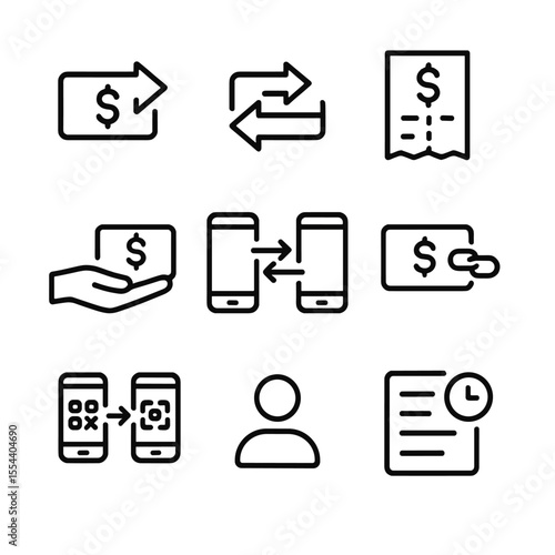 P2P Payment Icons. Outline icon set of peer-to-peer payment actions: send money arrow, receive money arrow, split bill icon,