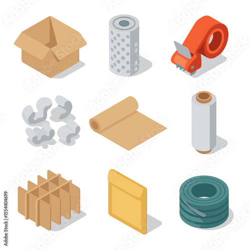 Packaging Materials Icons. Isometric Flat icon set of packaging materials: corrugated box, bubble wrap roll, packing tape