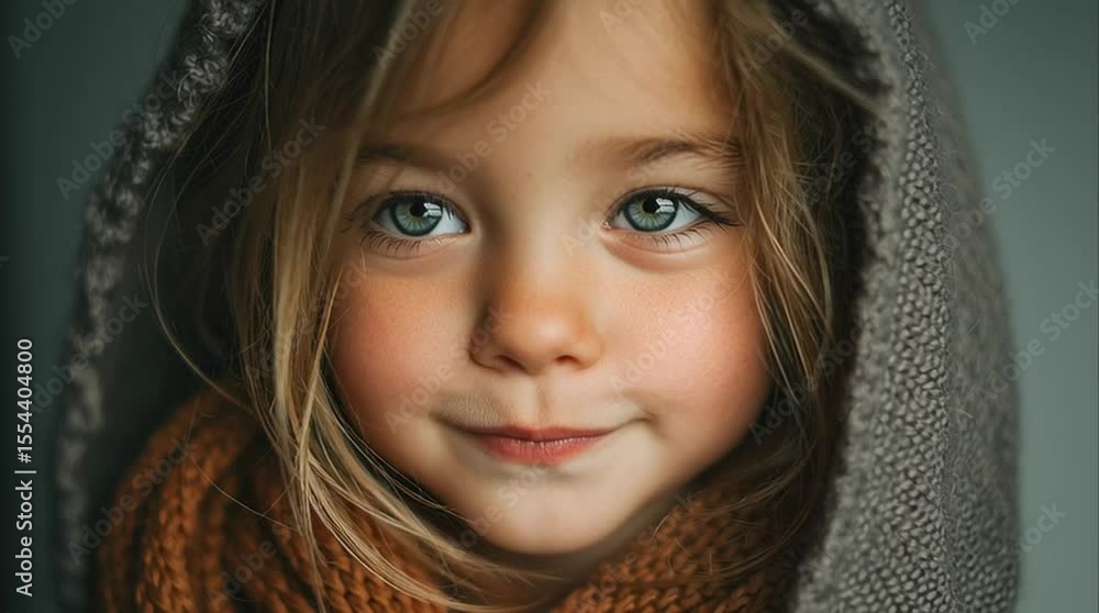 close-up of a young girl with big eyes and subtle smile, studio lighting with soft gray background, pastel color grading, gentle and innocent feel close-up of a young girl with big eyes and subtle smile, studio lighting with soft gray background, pastel color grading, gentle and innocent feel