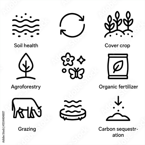 Regenerative Agriculture Icons. Outline icon set of regenerative agriculture: soil health icon, crop rotation arrows, cover crop,