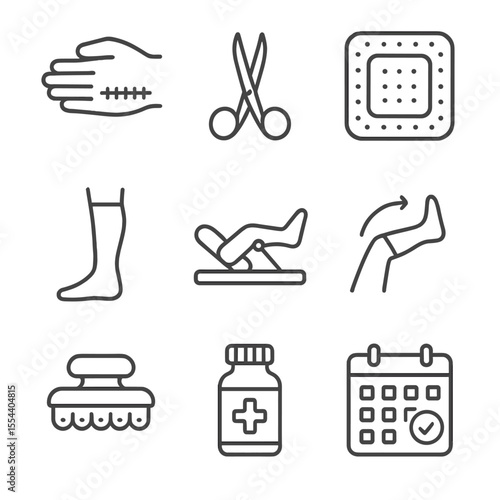 Rehab Icons Set. Outline icon set of post-surgery rehabilitation: incision care icon, suture removal scissors, wound dressing,