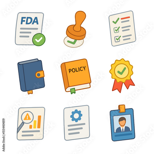 Regulatory Compliance Icons. Isometric Flat icon set of regulatory compliance documentation: FDA document, ethics committee stamp,