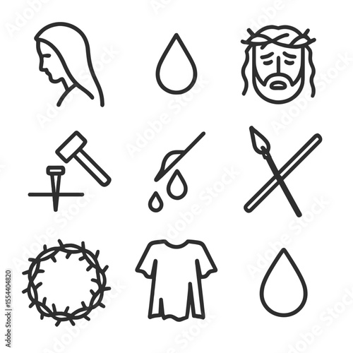 Passion Icon Set. Outline icon set of Jesus’ Passion Art Motifs: sorrowful mother silhouette, dripping blood, anguished face,