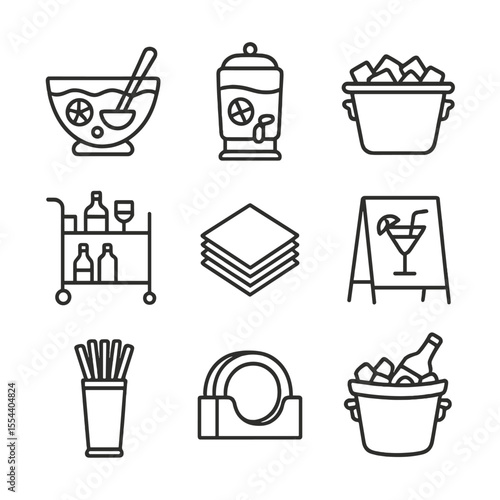 Party Beverage Icons. Outline icon set of party beverage stations: punch bowl, drink dispenser, ice bucket, bar cart, napkin stack