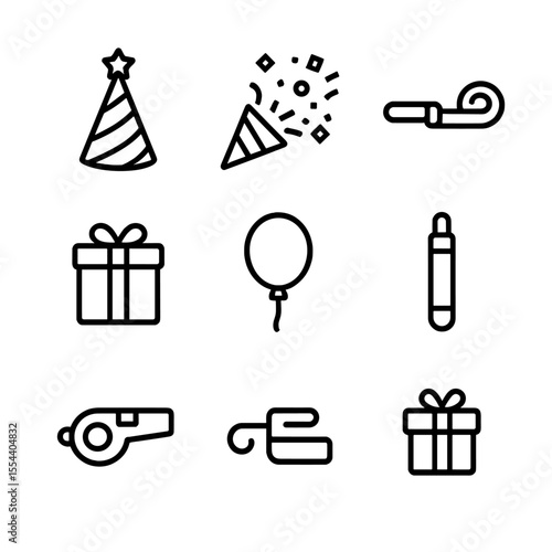 Party Favors Icons. Outline icon set of Festive Party Favors: party hat, confetti popper, noise maker, party horn, favor box,