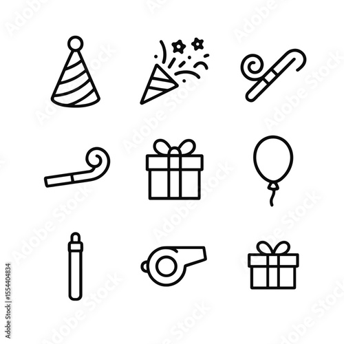 Party Favors Icons. Outline icon set of Festive Party Favors: party hat, confetti popper, noise maker, party horn, favor box,