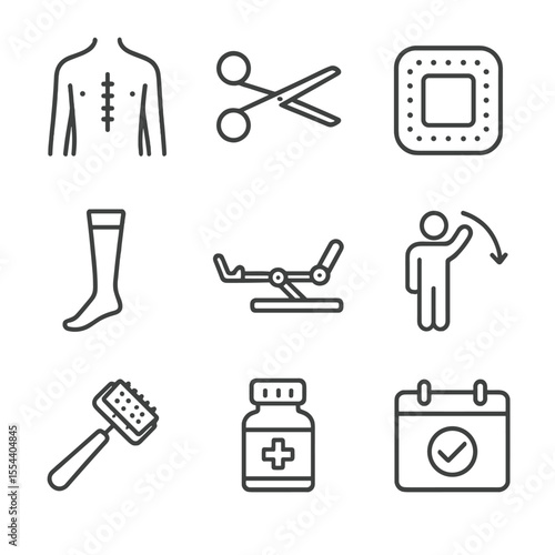 Rehab Icons Set. Outline icon set of post-surgery rehabilitation: incision care icon, suture removal scissors, wound dressing,