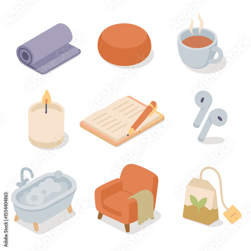 Relaxation Icons Grid. Isometric Flat icon set of after-work decompression activities: yoga mat, meditation cushion, steaming