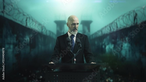 A stern prison warden gives an angry speech in a barbed-wire prison yard