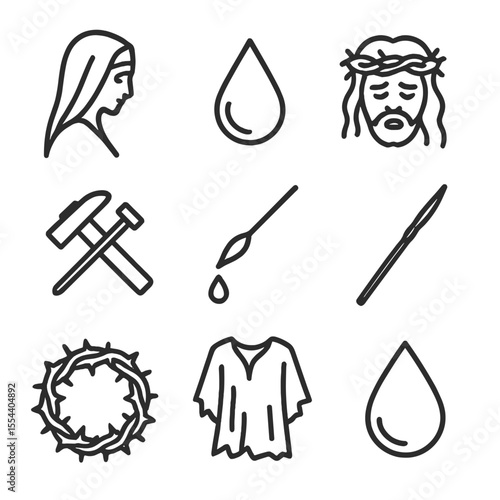 Passion Icon Set. Outline icon set of Jesus’ Passion Art Motifs: sorrowful mother silhouette, dripping blood, anguished face,