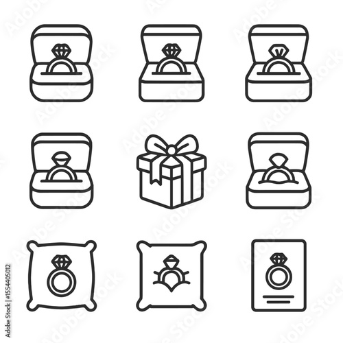 Ring Box Icon Set. Outline icon set of ring box presentations: velvet ring box, wooden ring box, leather ring box, open lid view,