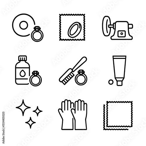 Ring Maintenance Icons. Outline icon set of ring polishing and maintenance: polishing wheel, polishing cloth, buffing machine,