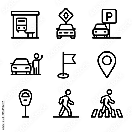 Pickup Point Icons. Outline icon set of Pickup and Drop-off Points: bus stop shelter, designated carpool lane sign, parking lot