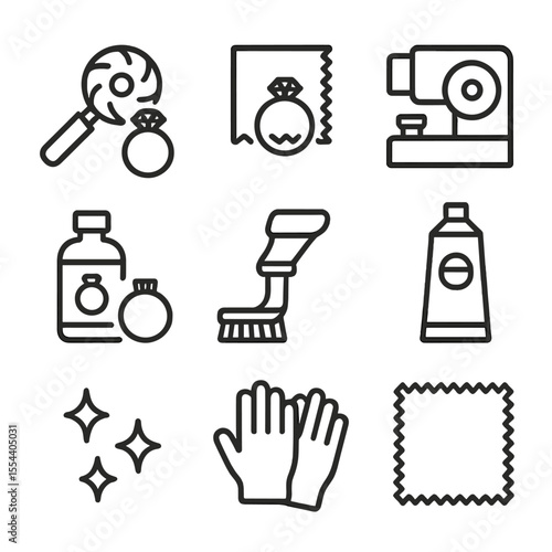 Ring Maintenance Icons. Outline icon set of ring polishing and maintenance: polishing wheel, polishing cloth, buffing machine,