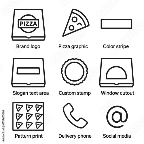 Pizza Icon Set. Outline icon set of Pizza Box Branding and Design: brand logo, pizza slice graphic, color stripe, slogan text area