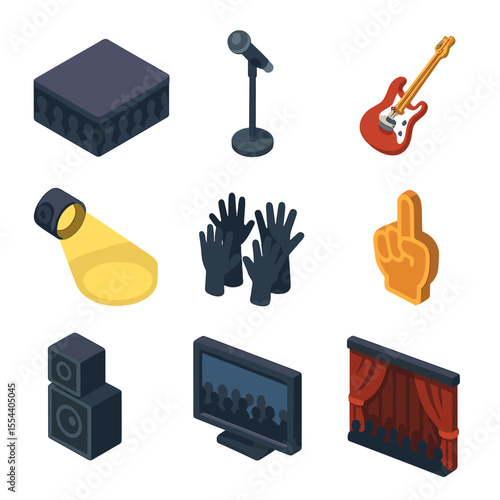 Concert Hall Icons. Isometric Flat icon set of concert hall audience in the dark: stage platform, microphone stand, electric