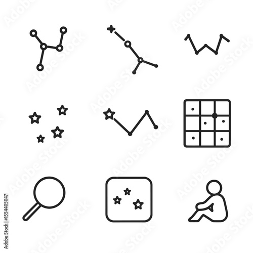 Constellation Icon Set. Outline icon set of night sky constellations: Orion’s belt, Big Dipper, Cassiopeia W, star cluster,