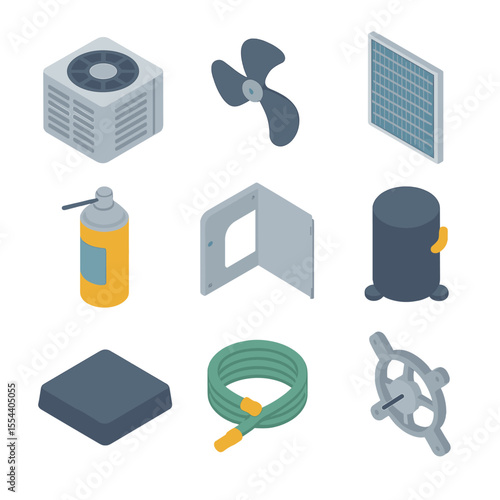 Condenser Unit Icons. Isometric Flat icon set of condenser unit maintenance: outdoor condenser, fan blade, condenser fins, fin