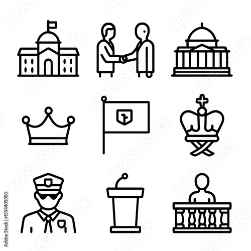 Constitutional Monarchy Icons. Outline icon set of modern constitutional monarchy: palace, prime minister handshake, parliament