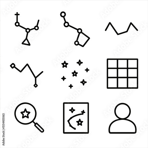 Constellation Icon Set. Outline icon set of night sky constellations: Orion’s belt, Big Dipper, Cassiopeia W, star cluster,