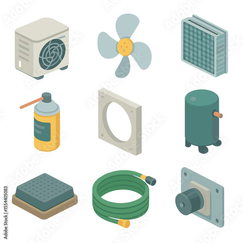 Condenser Unit Icons. Isometric Flat icon set of condenser unit maintenance: outdoor condenser, fan blade, condenser fins, fin
