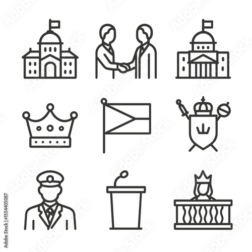Constitutional Monarchy Icons. Outline icon set of modern constitutional monarchy: palace, prime minister handshake, parliament