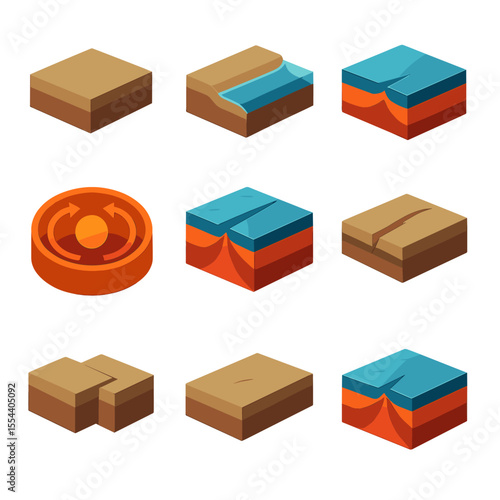 Plate Tectonics Icons. Isometric Flat icon set of plate tectonics concepts: tectonic plate, continental shelf, oceanic crust,