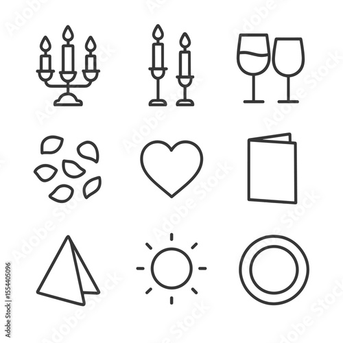 Romantic Dinner Icons. Outline icon set of romantic dinner candle setup: table centerpiece candle, candlestick holders, wine