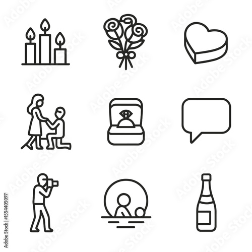 Romantic Proposal Icons. Outline icon set of romantic proposal scene: candlelight, rose bouquet, heart-shaped box, engagement ring
