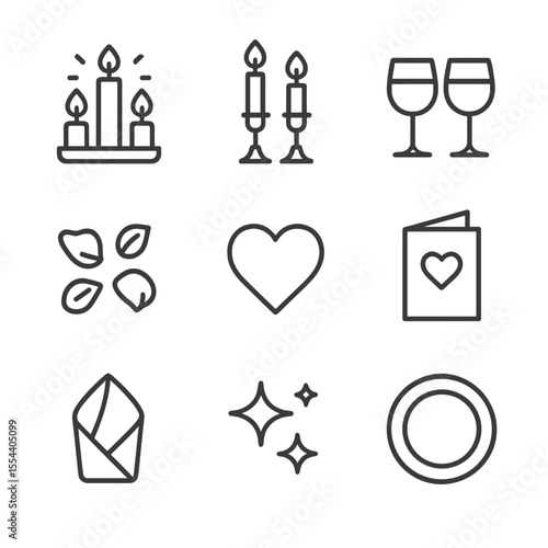Romantic Dinner Icons. Outline icon set of romantic dinner candle setup: table centerpiece candle, candlestick holders, wine