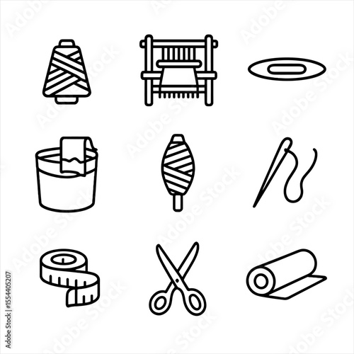 Cotton Scarf Tool Icons. Outline icon set of cotton scarf production tools: cotton yarn spool, handloom, shuttle, dye vat, spindle