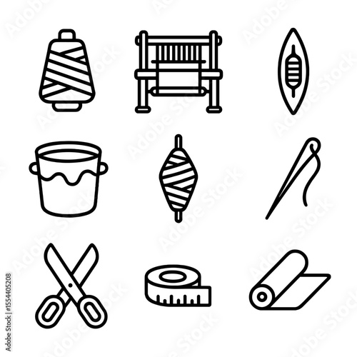 Cotton Scarf Tool Icons. Outline icon set of cotton scarf production tools: cotton yarn spool, handloom, shuttle, dye vat, spindle