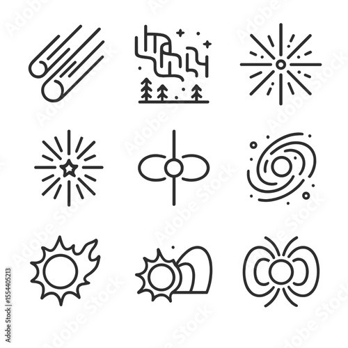 Cosmic Phenomena Icons. Outline icon set of cosmic phenomena: meteor shower, aurora borealis, cosmic ray burst, gamma-ray burst,