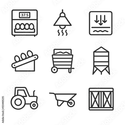 Poultry Farm Icons. Outline icon set of farm equipment related to poultry: incubator, brooder lamp, heat pad, egg conveyor, feed