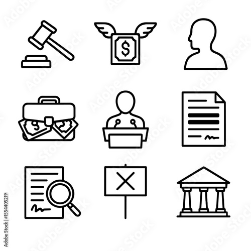 Corruption Icon Set. Outline icon set of political corruption exposés: gavel, dollar bills with wings, whistleblower silhouette,