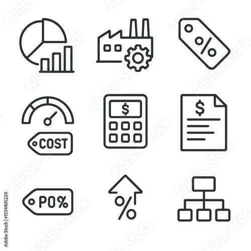 Cost-Plus Pricing Icons. Outline icon set of Cost-Plus Pricing Strategy: cost breakdown chart, manufacturing cost icon, markup