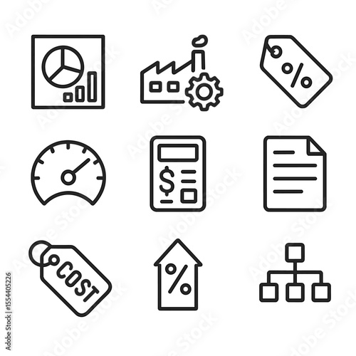 Cost-Plus Pricing Icons. Outline icon set of Cost-Plus Pricing Strategy: cost breakdown chart, manufacturing cost icon, markup