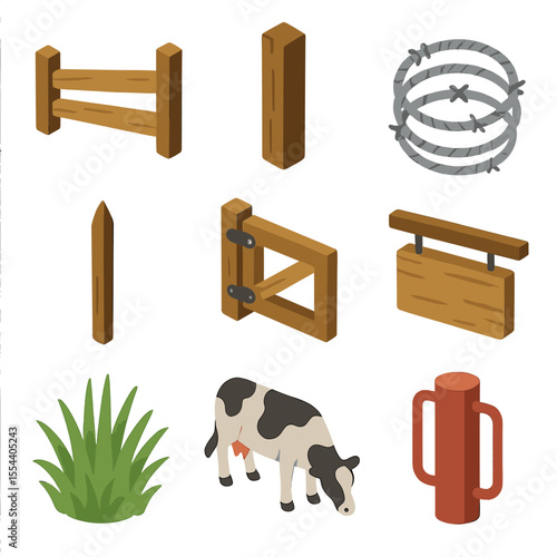 Rustic Farm Icon Set. Isometric Flat icon set of sump pump and drainage system: sump pit basin, submersible sump pump, discharge