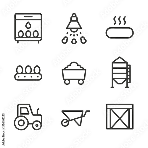 Poultry Farm Icons. Outline icon set of farm equipment related to poultry: incubator, brooder lamp, heat pad, egg conveyor, feed