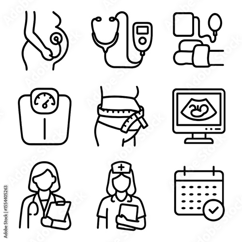 Prenatal Checkup Icons. Outline icon set of prenatal checkup essentials: stethoscope on belly, fetal doppler, blood pressure cuff,