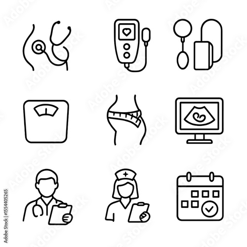 Prenatal Checkup Icons. Outline icon set of prenatal checkup essentials: stethoscope on belly, fetal doppler, blood pressure cuff,